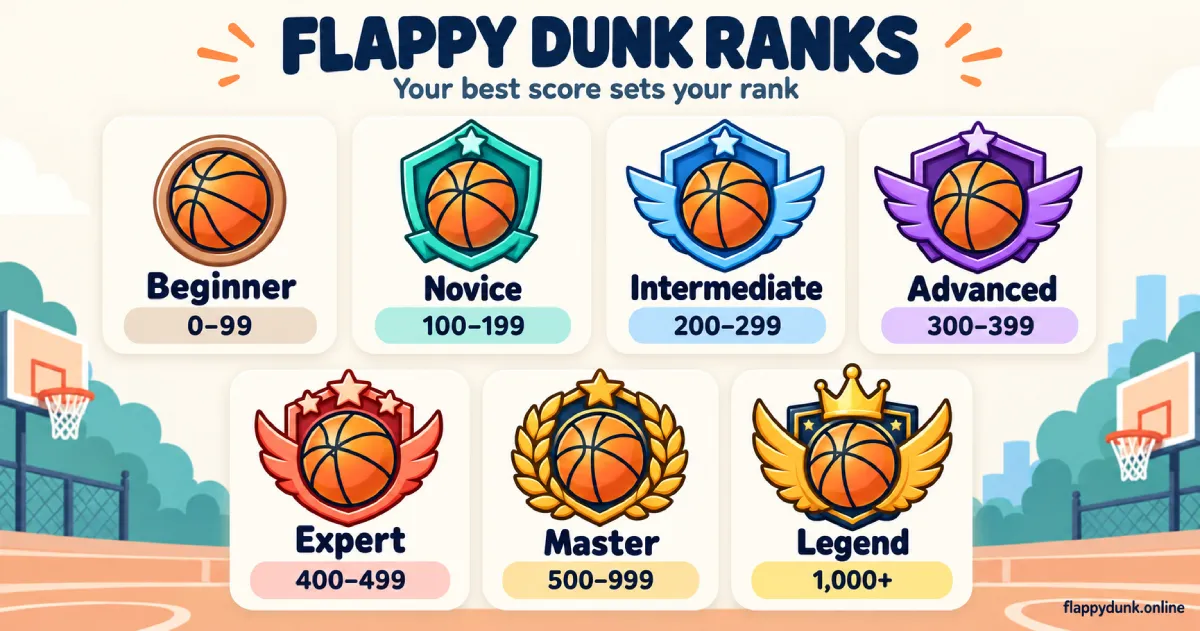 Flappy Dunk ranks from Beginner to Legend, with the score range for each rank